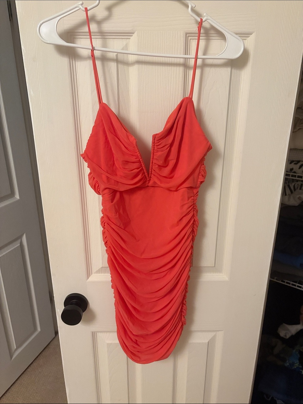 Hello Molly Coral Red Ruched Spaghetti Strap Mini Dress